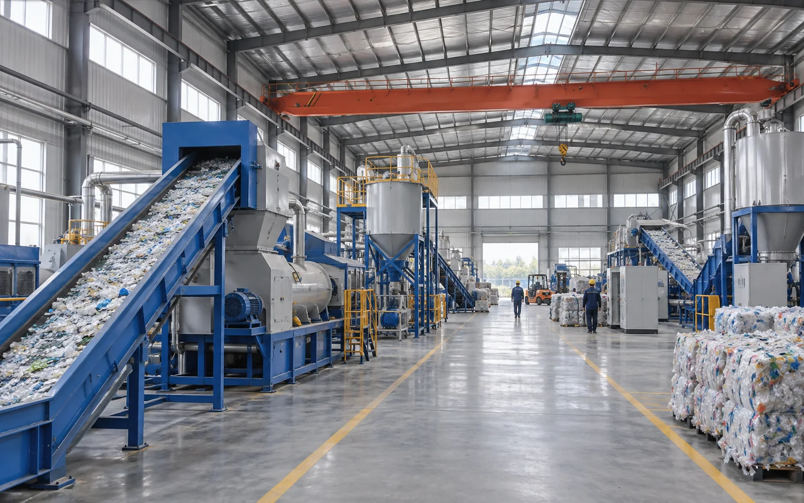 AI-generated concept illustration of a plastic recycling machinery workshop; not a photograph of Rayli's facility.