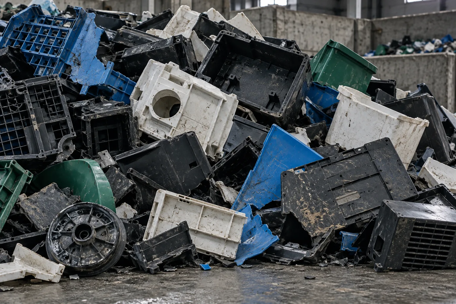 Irregular black, white, blue and green post-consumer rigid plastic pieces staged for sorting