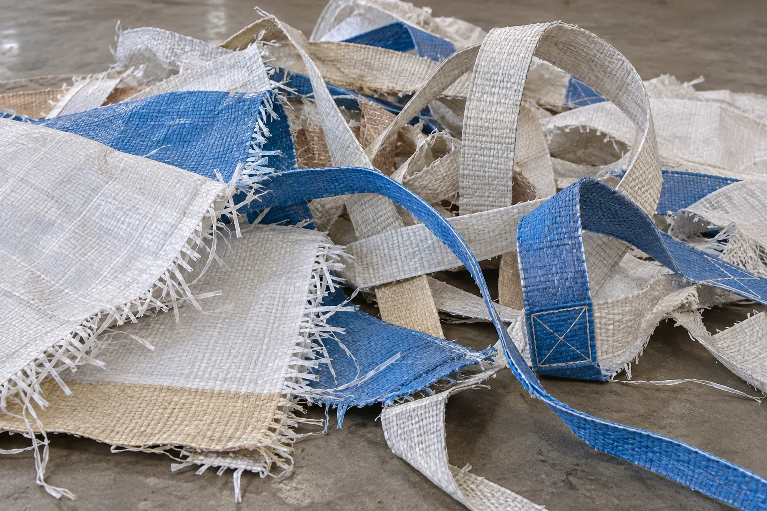 Cut PP woven sack panels, frayed woven strips and lifting handles tangled together