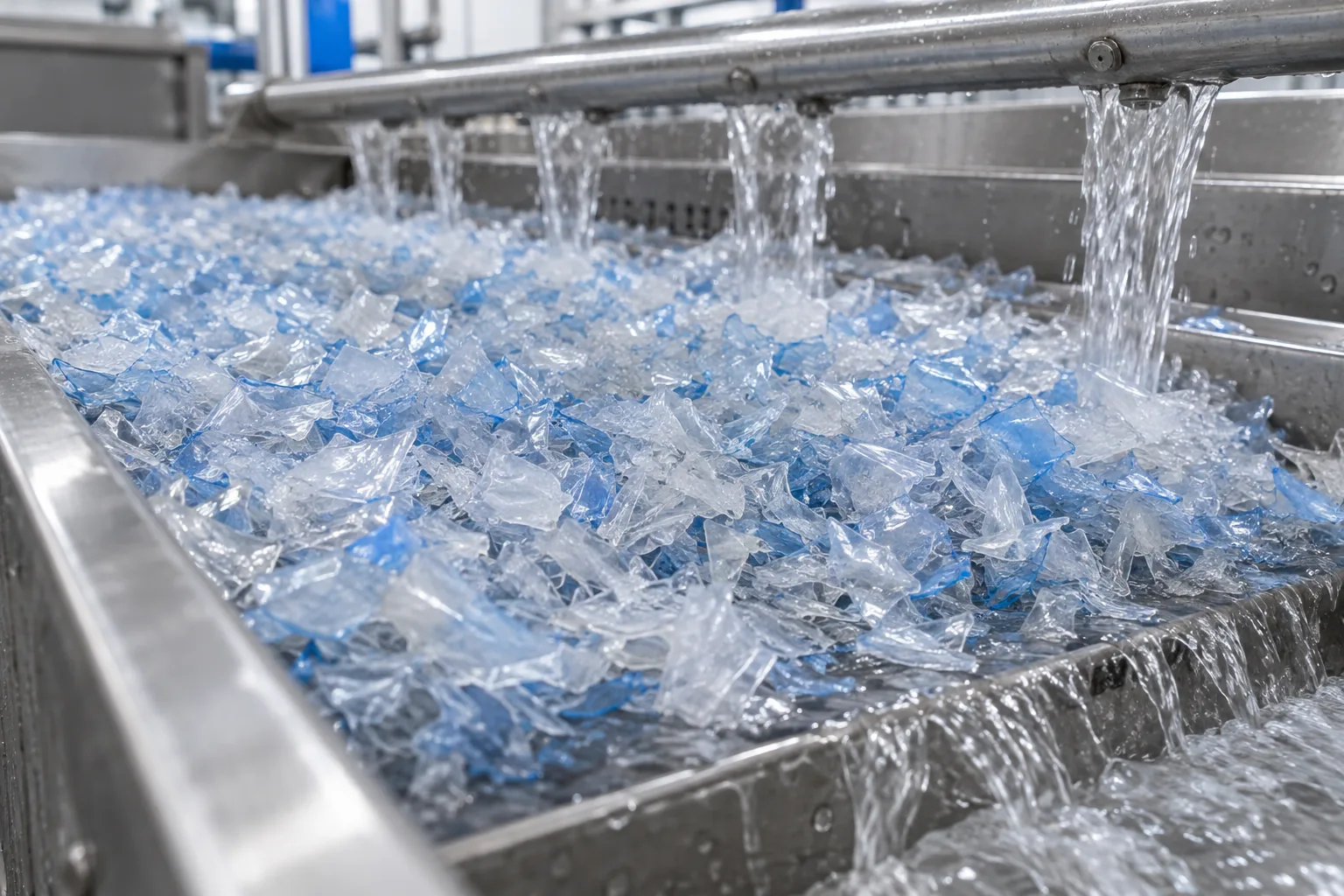 AI concept image of wet PET flakes after rinsing, before mechanical dewatering.