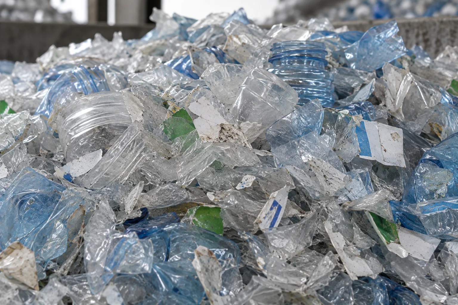 AI concept image of PET bottle fragments and flakes with attached labels and paper residue.