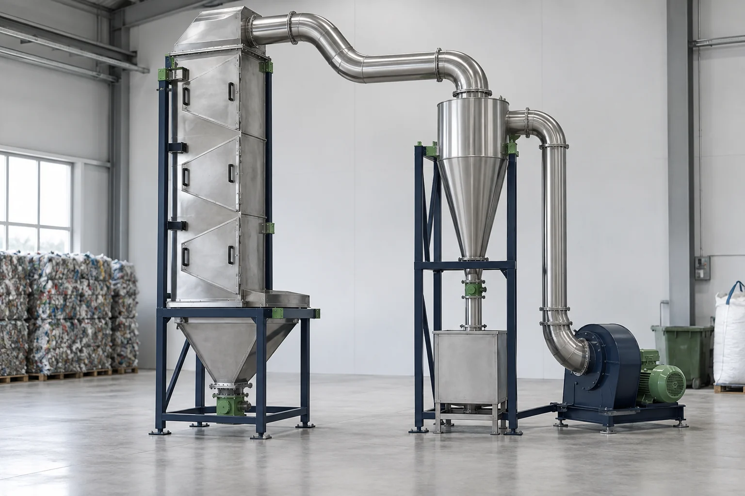 AI concept render of a zig-zag air classifier and cyclone separation system.