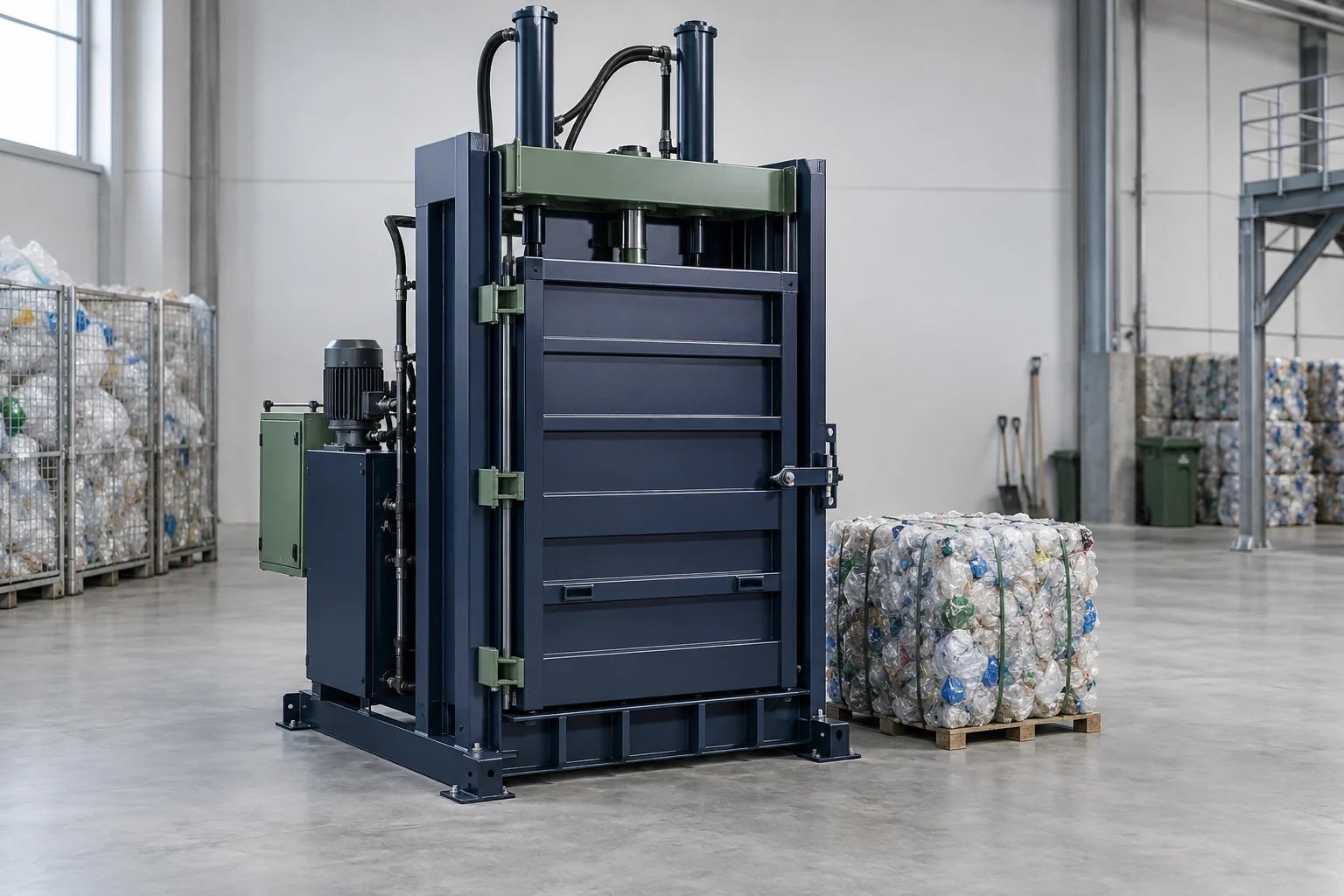 AI concept render of a vertical hydraulic baler with a compacted plastic bale.