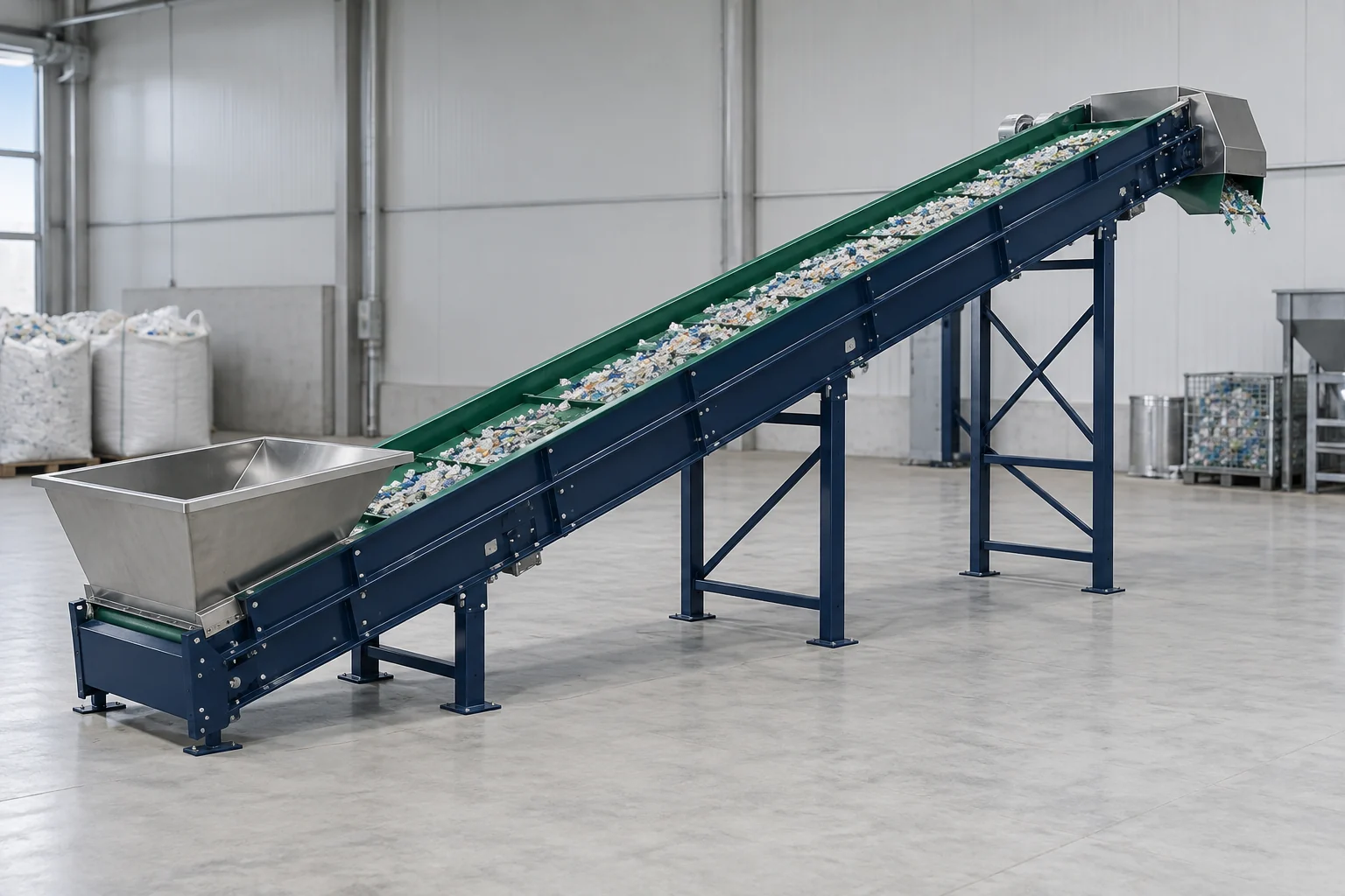 AI concept render showing the full length of a plastic recycling belt conveyor.