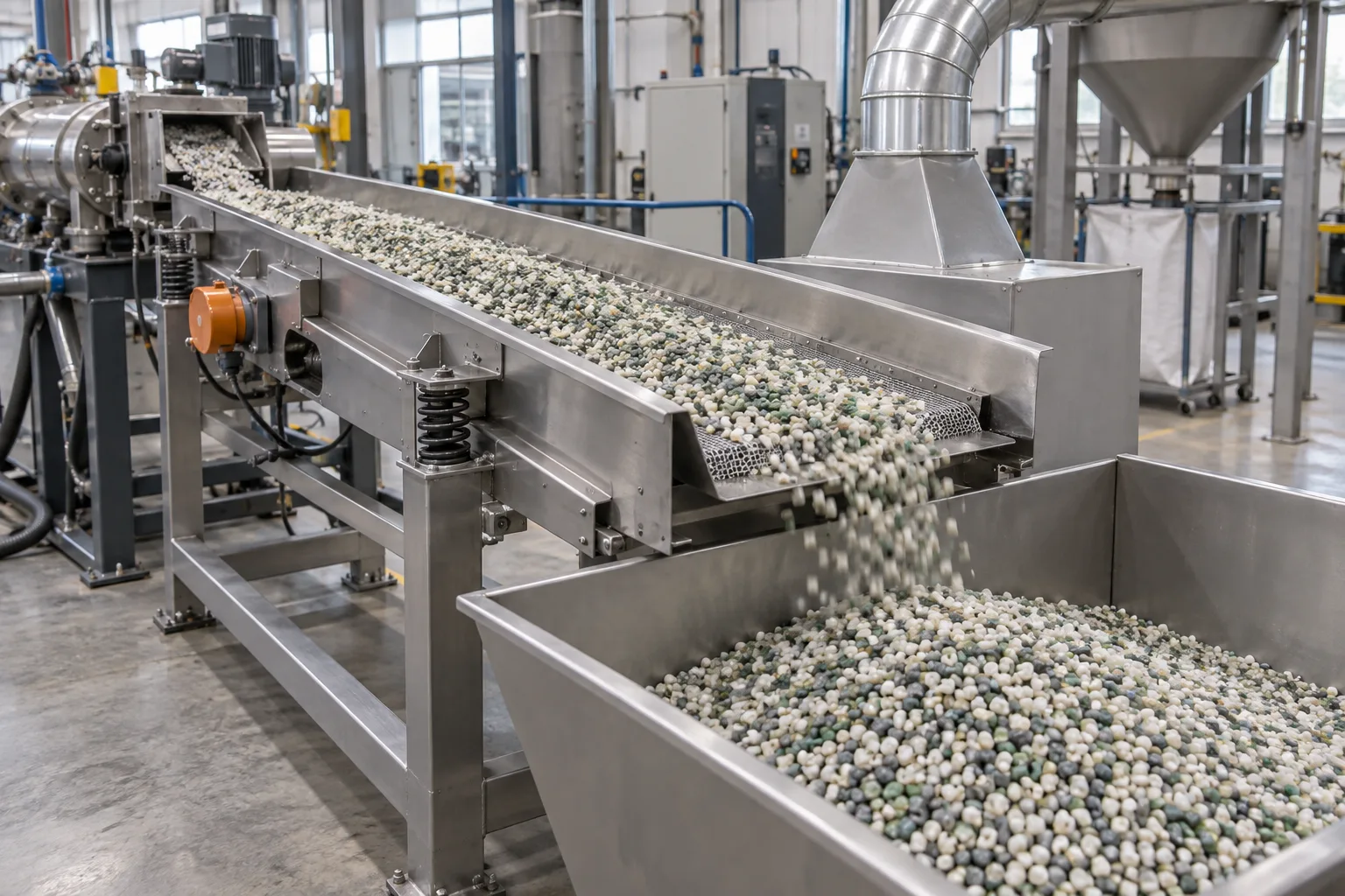 AI concept equipment image of a cooling conveyor and collection system for recycled plastic pellets.
