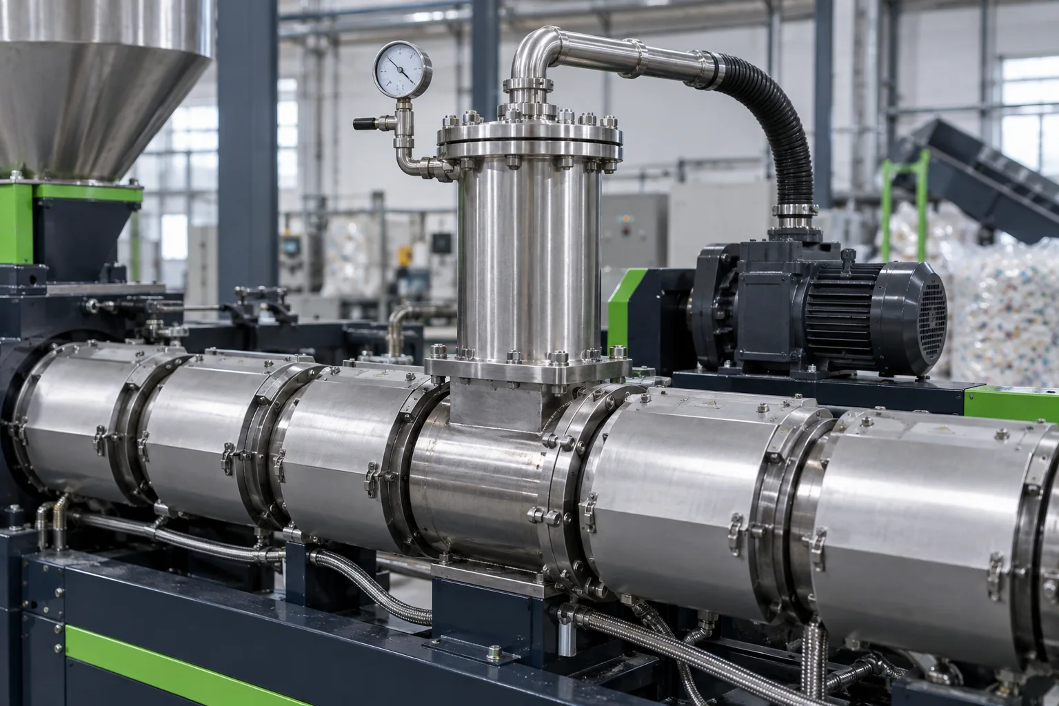 AI concept equipment image of a vacuum degassing system installed along a recycling extruder.