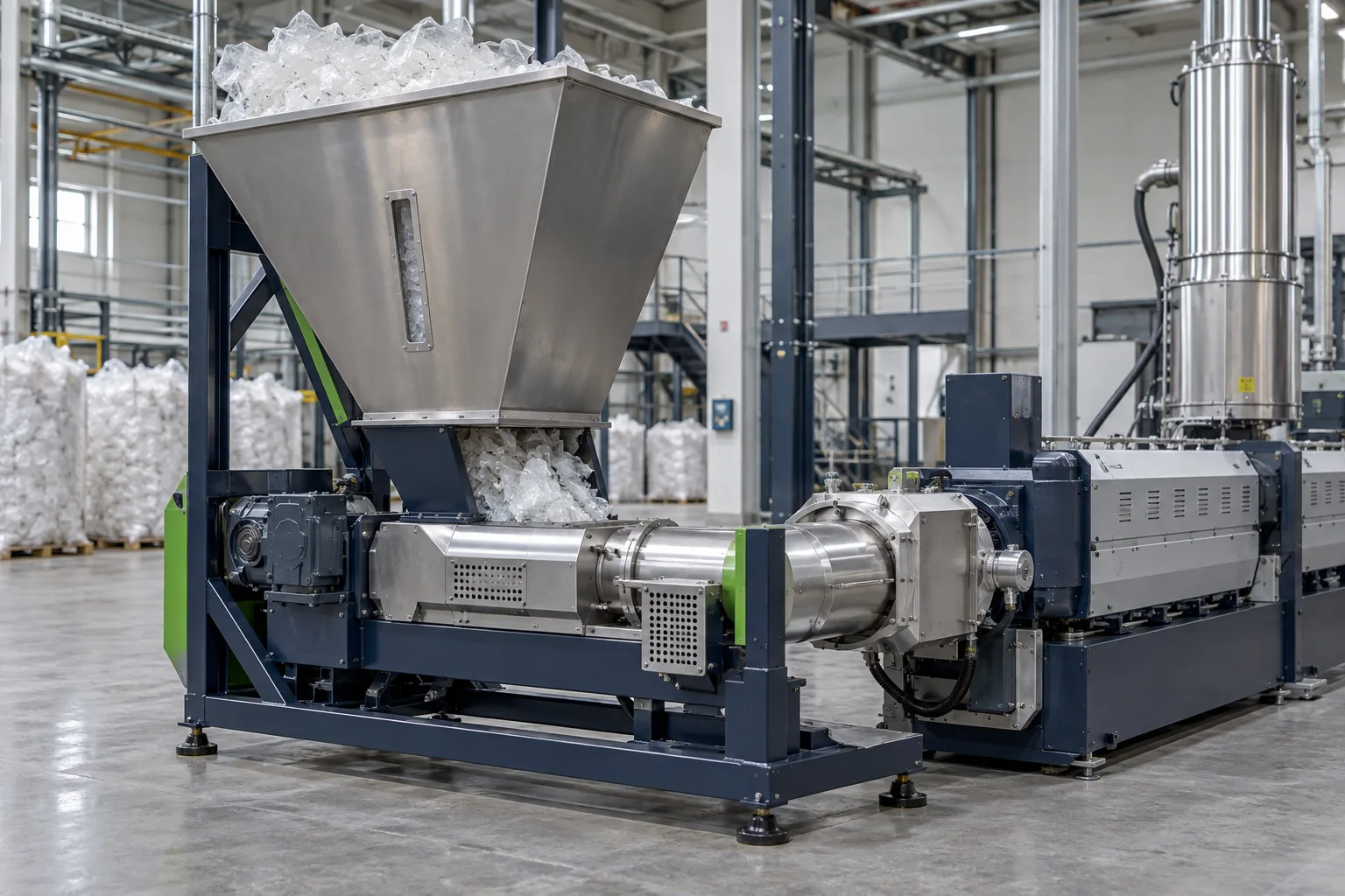 AI concept equipment image of a feeding and compaction system for lightweight recycled plastic.