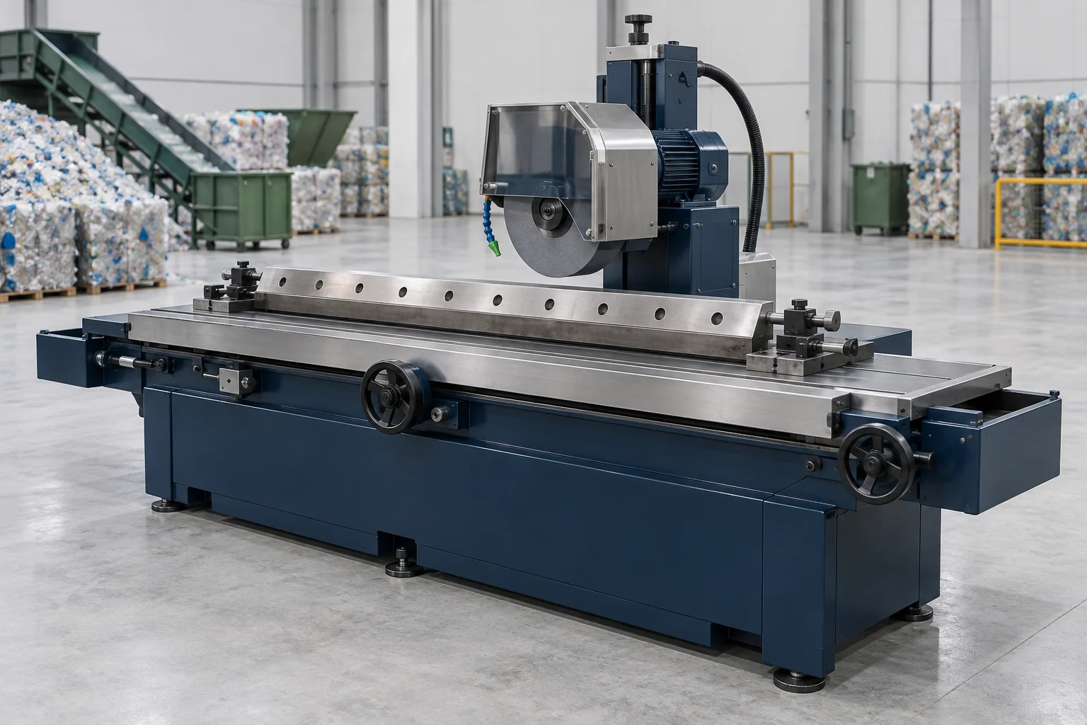 AI concept render of a knife sharpening machine with a long industrial blade on its grinding table.