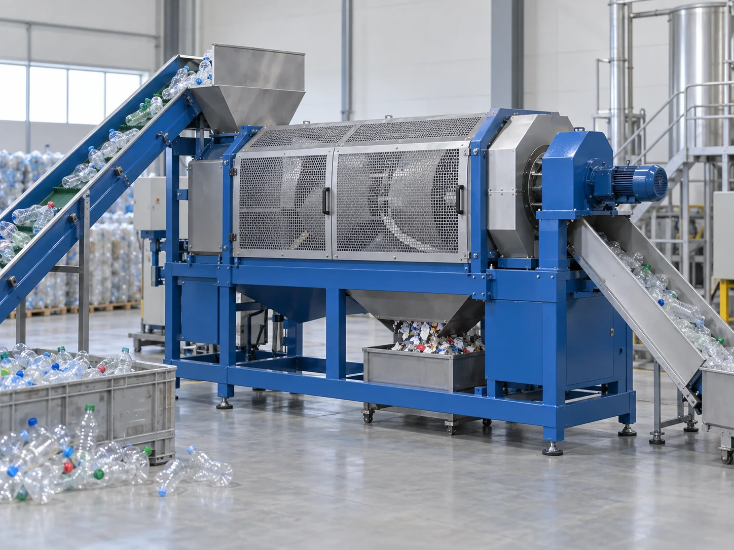 Illustrative AI concept of a plastic bottle label removal machine in a recycling workshop; not a verified Rayli model.
