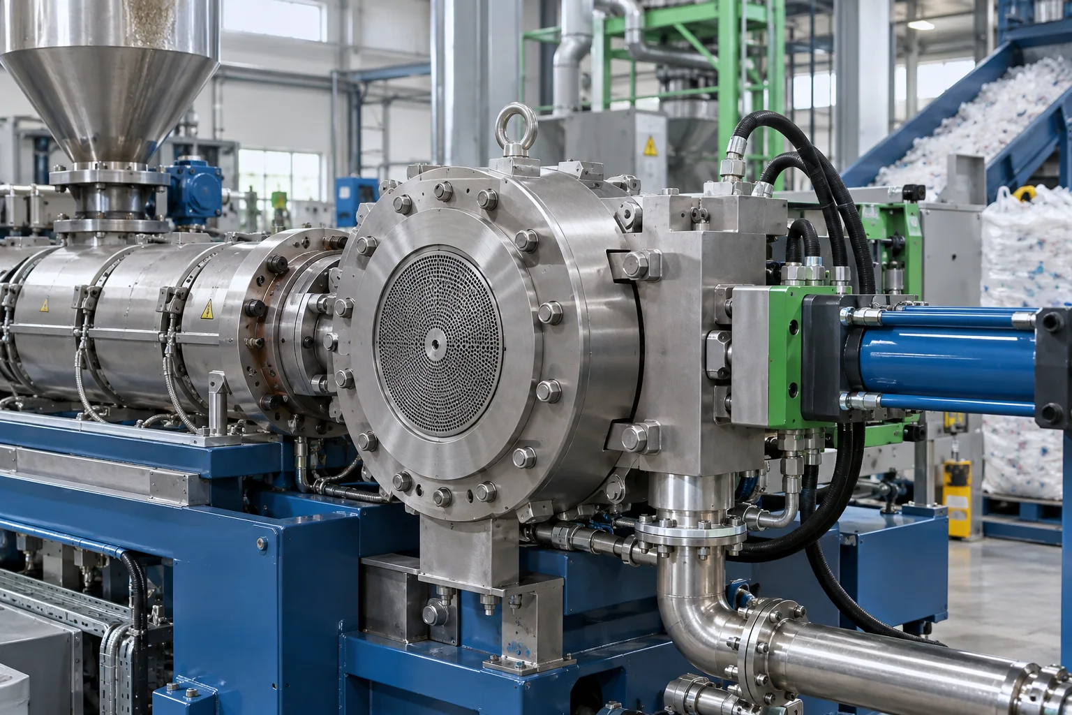 AI concept equipment image of a polymer melt filtration system.