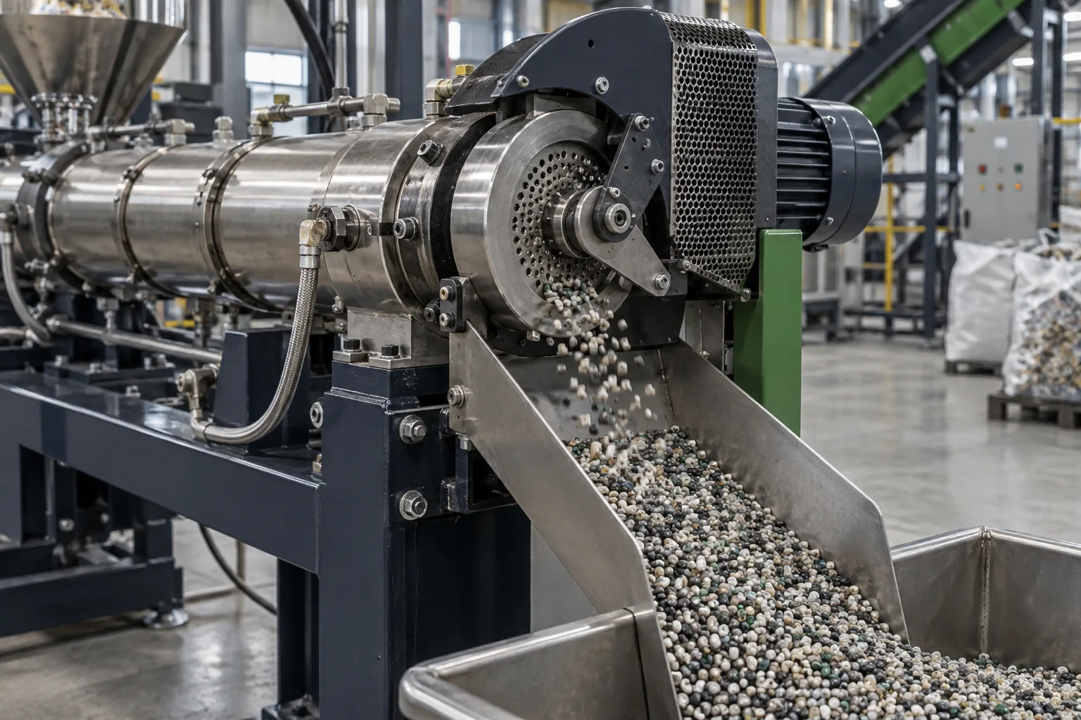 AI concept equipment image of a recycled plastic pelletizing unit and its pellet outlet.