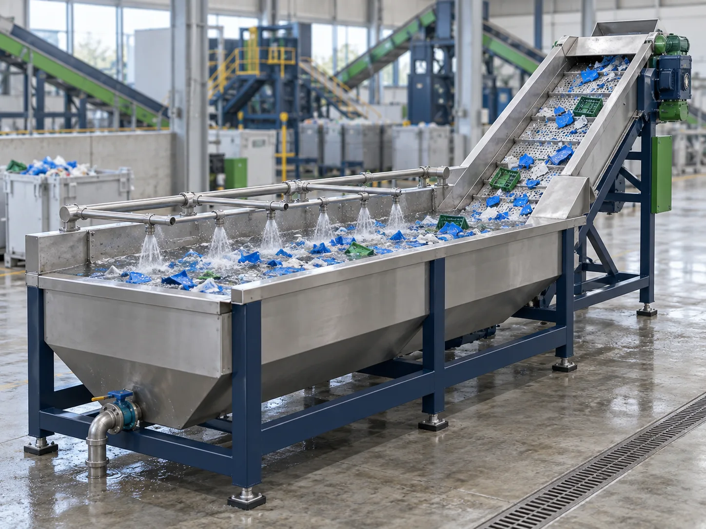 Illustrative pre-washing machine handling rigid plastic flakes; not a Rayli product model.