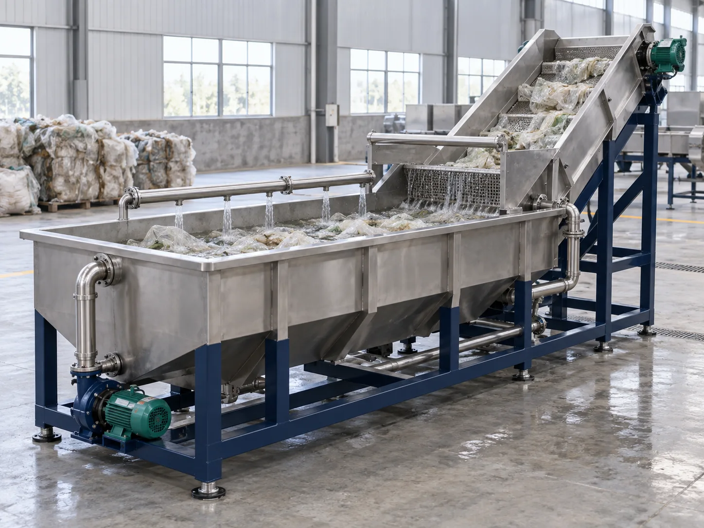 Illustrative AI concept of a plastic pre-washing machine handling film in a recycling plant; not a verified Rayli model.