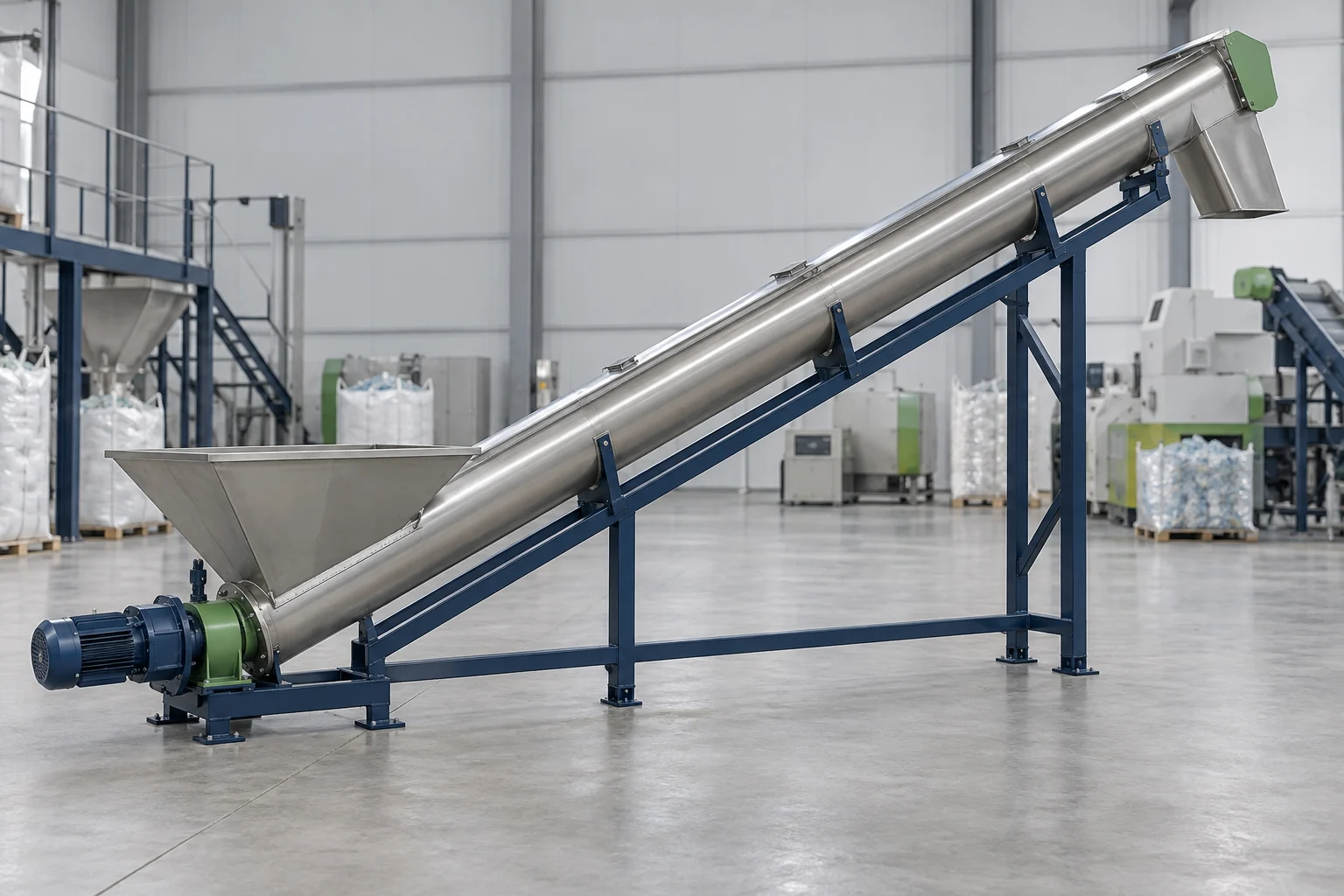 AI concept render of a full-length enclosed screw conveyor for recycled flakes and granules.