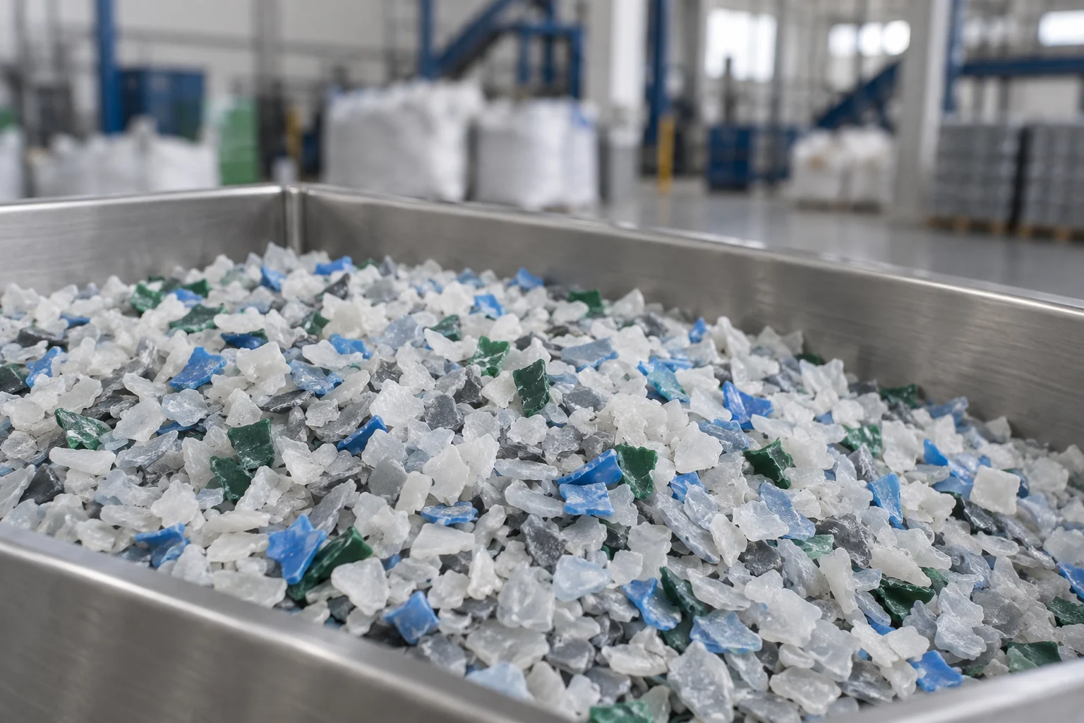 AI concept material image of mixed prepared PE and PP flakes with varied color and form.