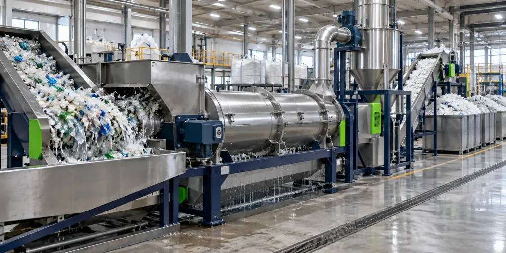 AI-generated concept of dewatering equipment in a recycling line; not a Rayli installation.