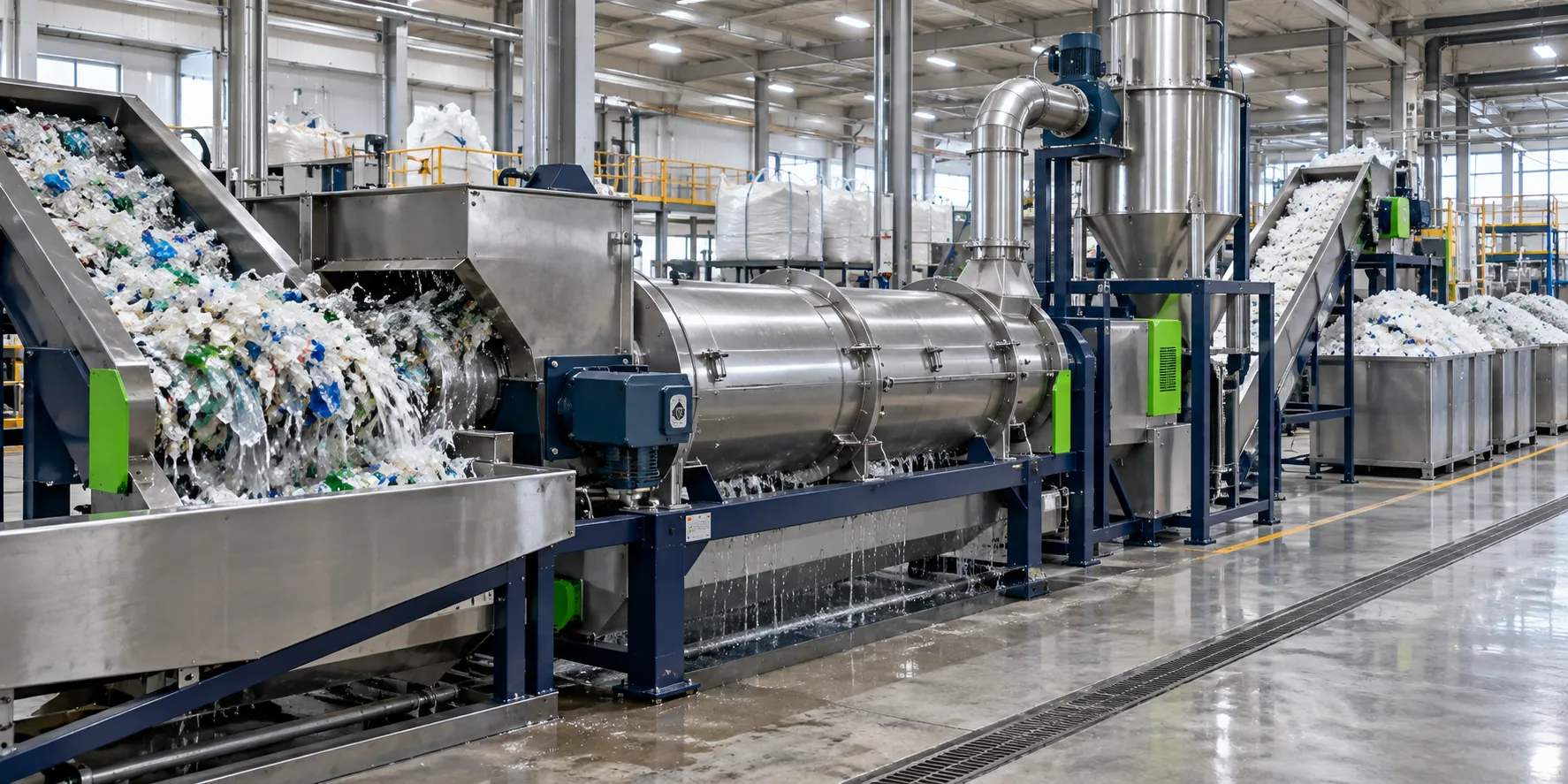 AI-generated concept of dewatering equipment in a recycling line; not a Rayli installation.