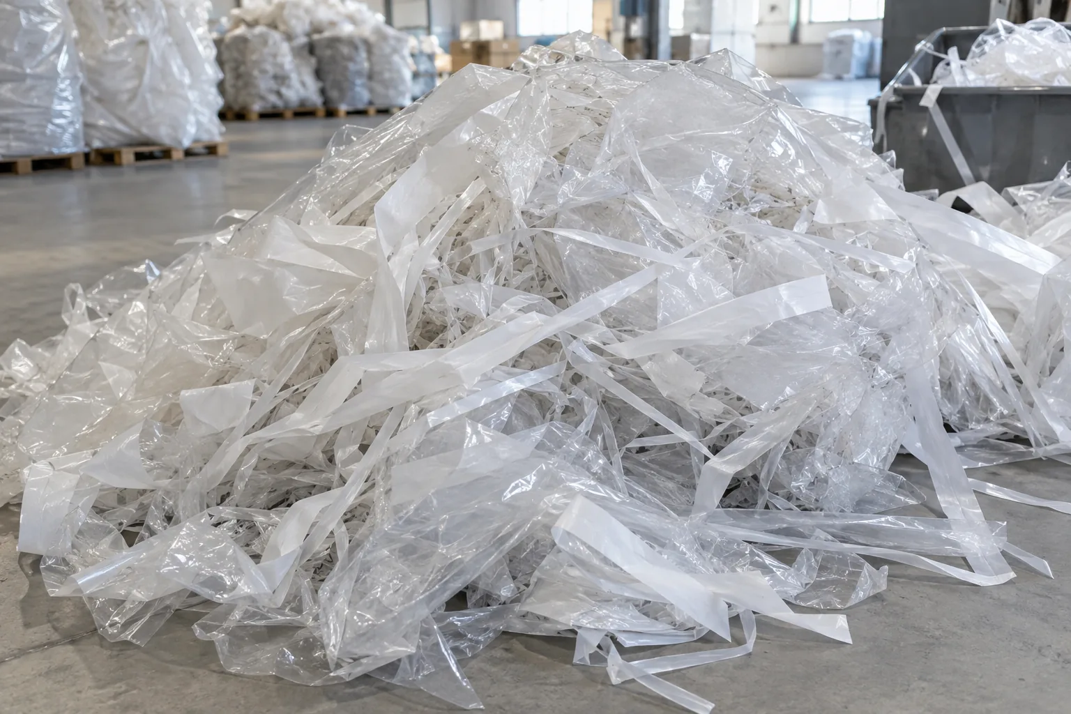 Clean, irregular clear and white production film trim collected as industrial recycling scrap