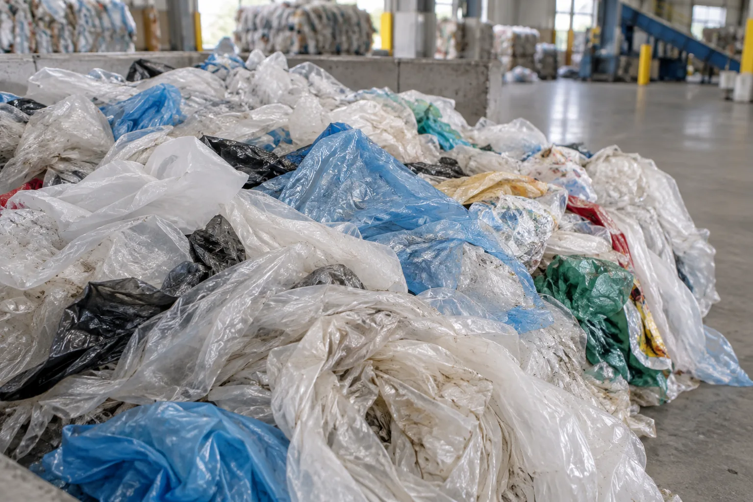 Post-consumer flexible packaging film and shopping bags collected for recycling