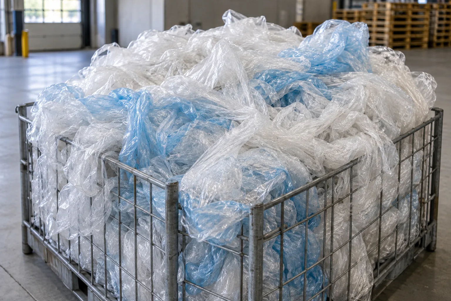 Bulky, lightweight bundle of used clear and pale blue pallet stretch wrap