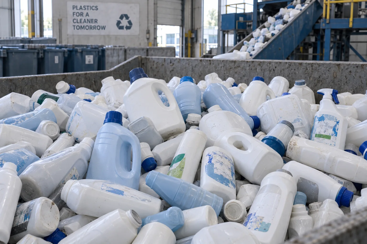 Used opaque HDPE household detergent and cleaning product bottles collected for recycling