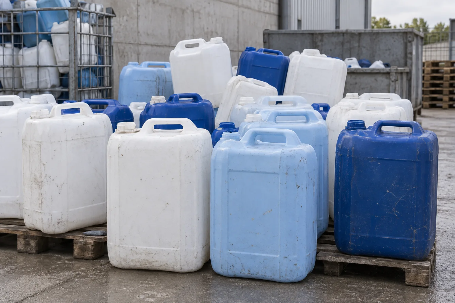 Used white and blue HDPE jerry cans of varying sizes arranged as recycling feedstock