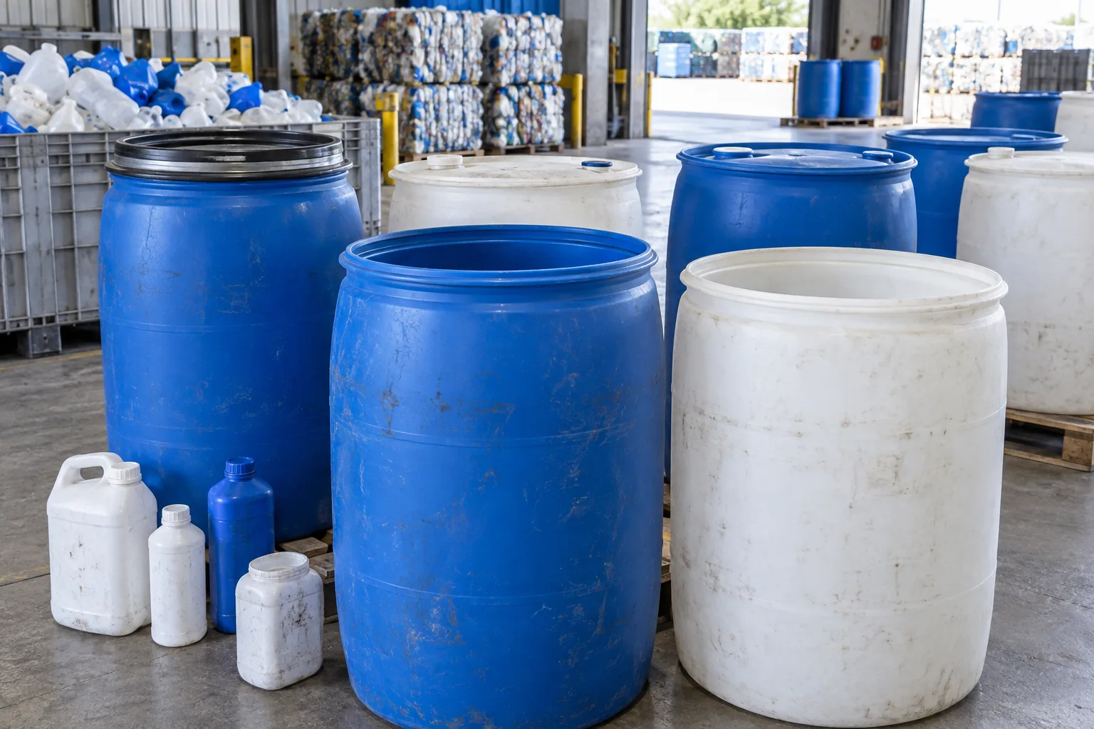 Large empty blue and white HDPE industrial drums with smaller bottles shown for scale