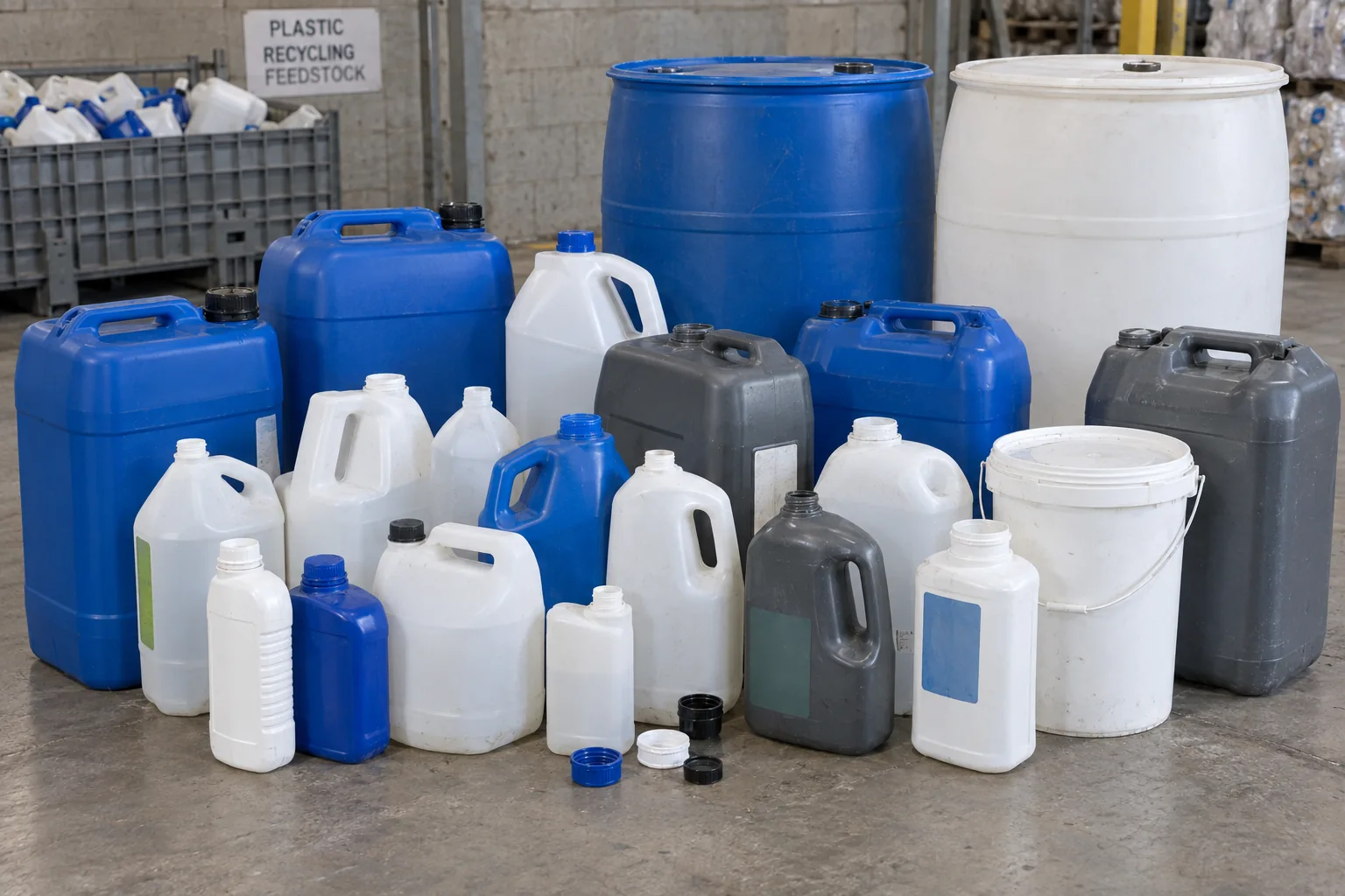 Mixed HDPE bottles, jerry cans, drums and loose caps collected as recycling feedstock