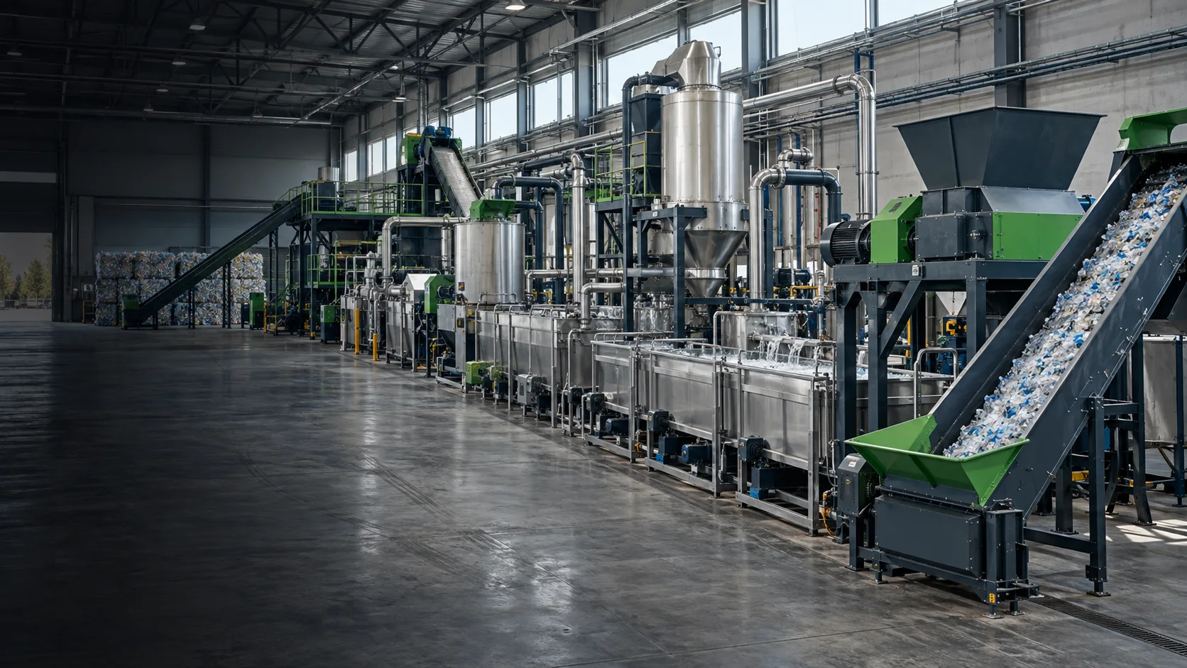 AI-generated illustrative image of a complete plastic recycling line; not a Rayli installation.
