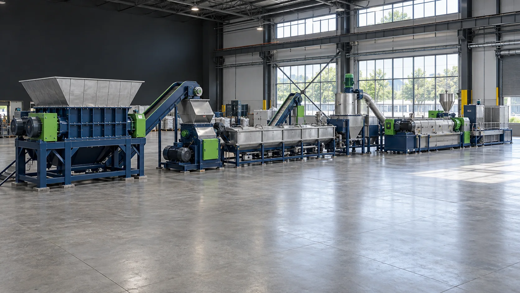 AI-generated concept of plastic recycling equipment in a factory; not a verified Rayli product or installation.