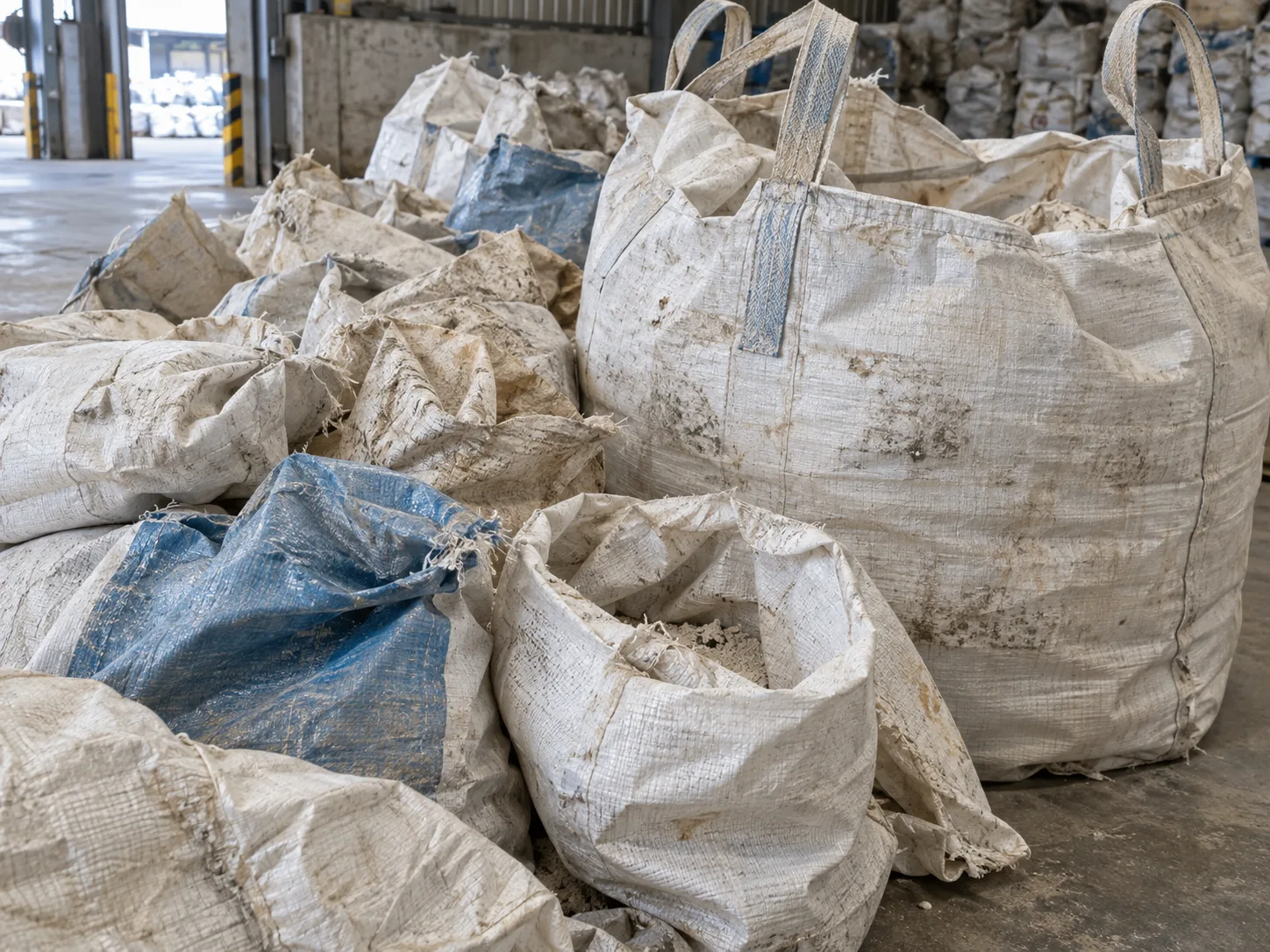 AI concept image of used PP woven sacks and FIBC bulk bags collected for recycling.