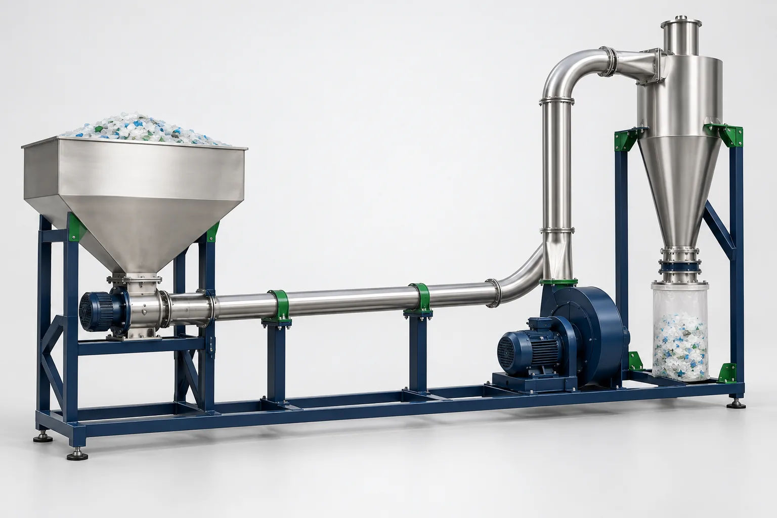 AI concept product render of an air and pipe drying system for plastic flakes; not a verified Rayli model.