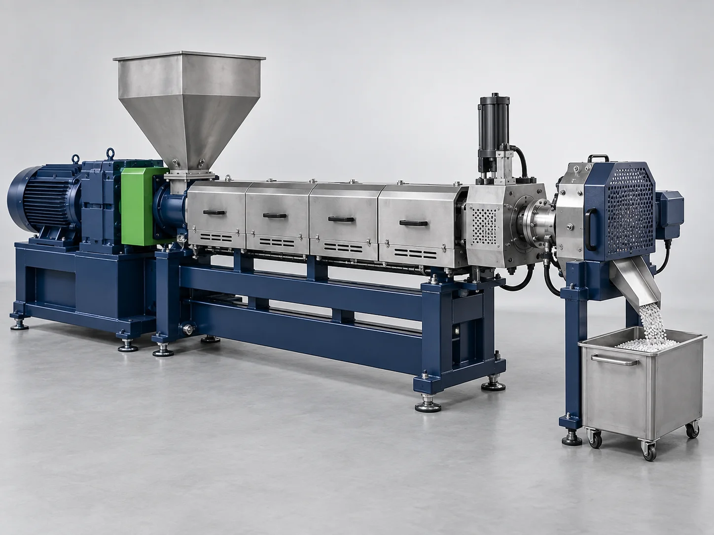 AI-generated concept image of a plastic pelletizing system; not a Rayli product model.