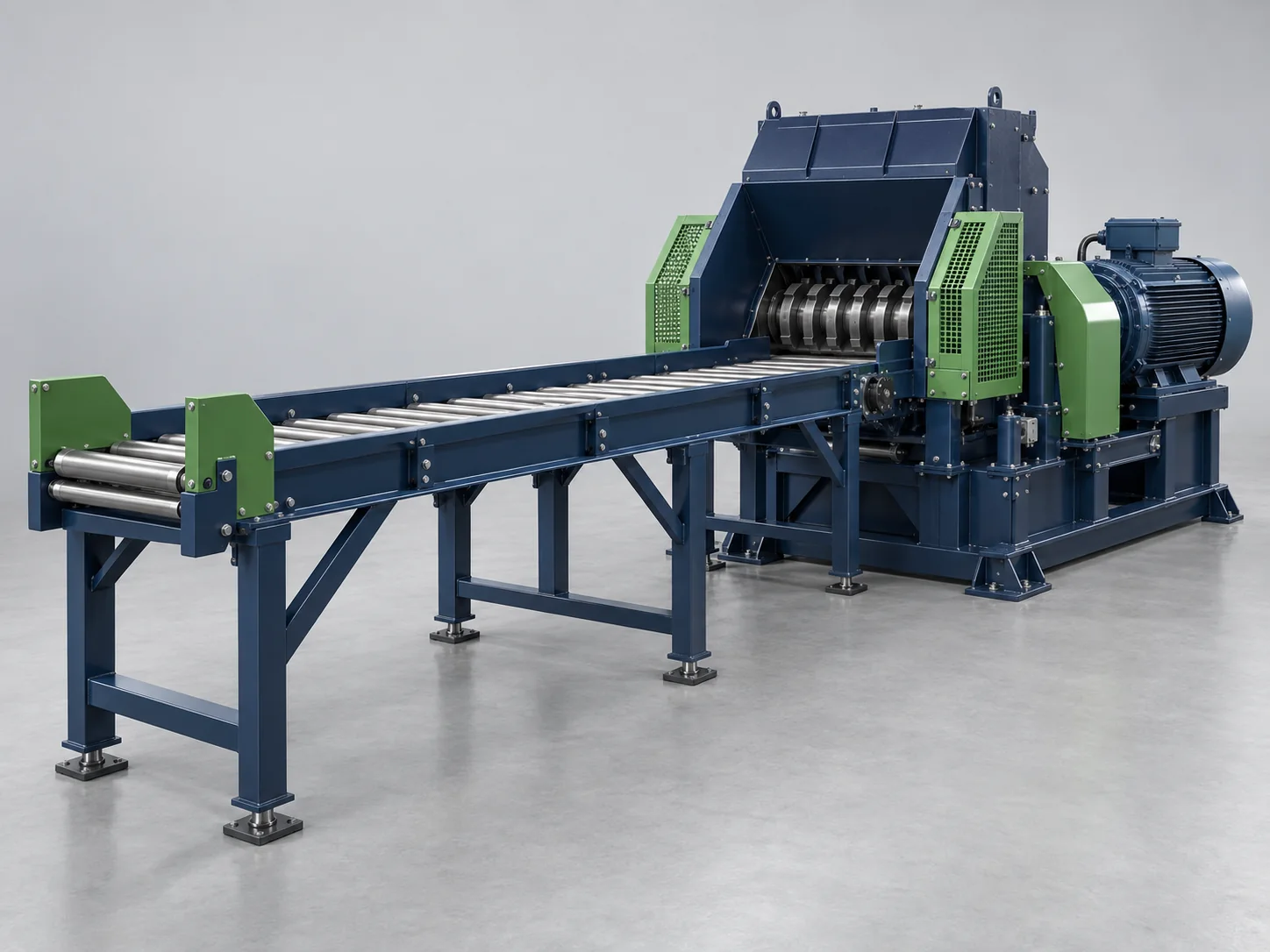 AI concept render of a heavy-duty pipe crusher with a long infeed conveyor; not a verified Rayli model.