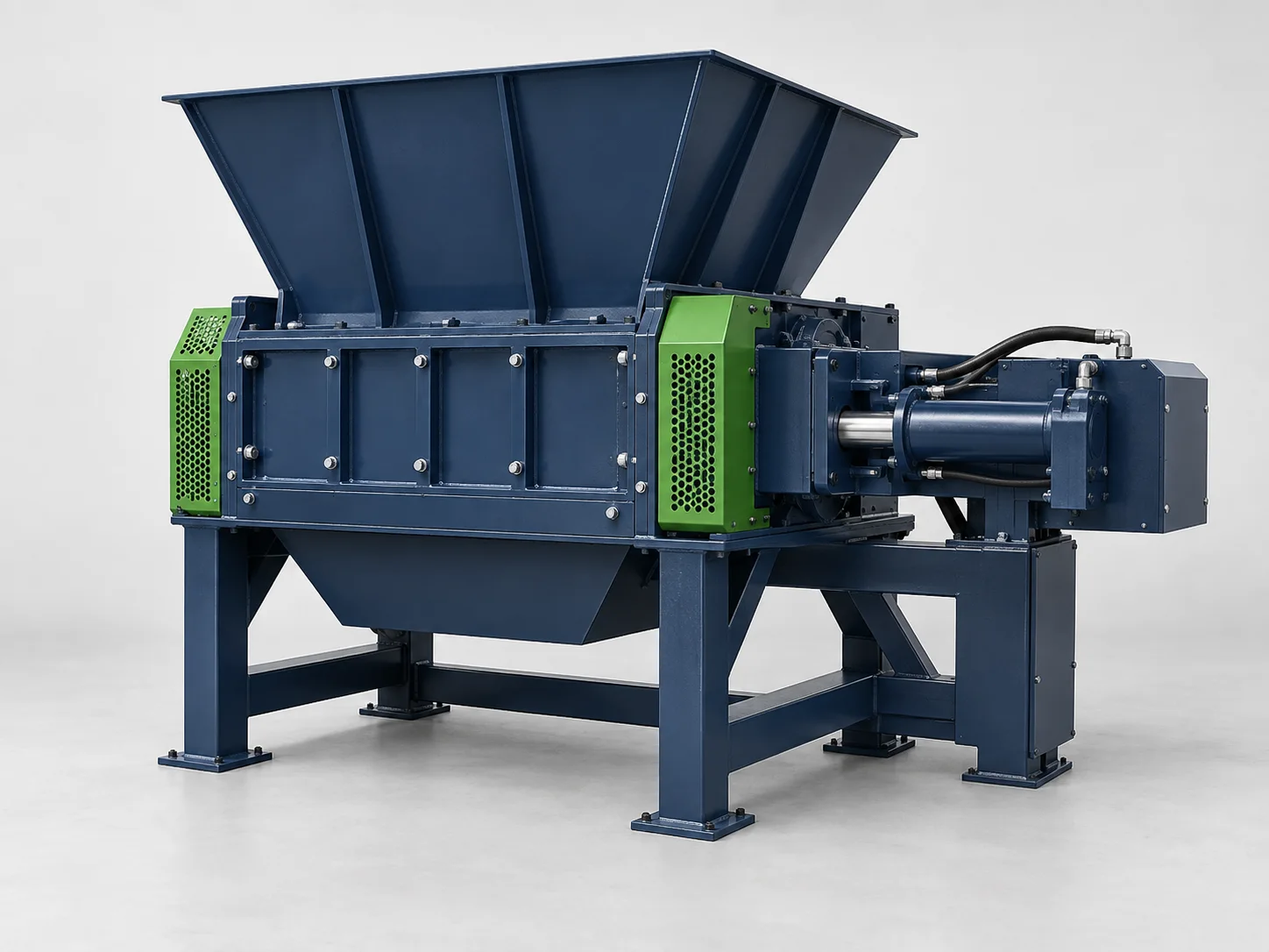 AI-generated concept image of a single shaft plastic shredder; not a Rayli product model.