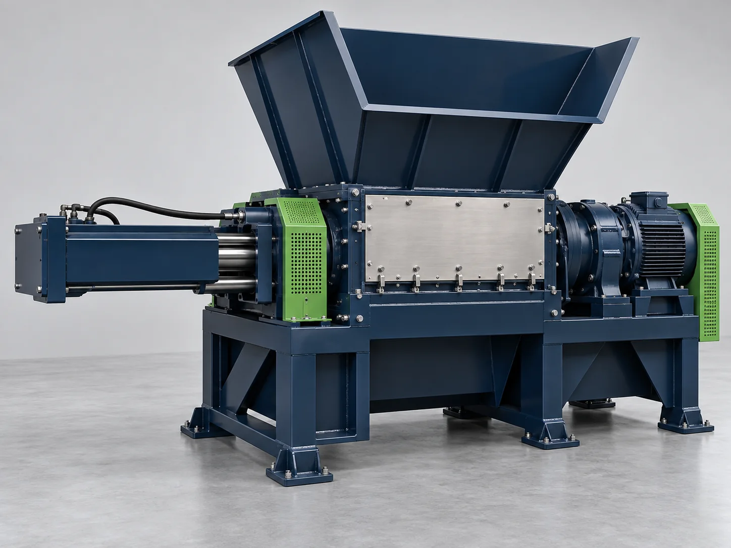 AI concept render of a single-shaft plastic shredder with hydraulic feed pusher; not a verified Rayli model.