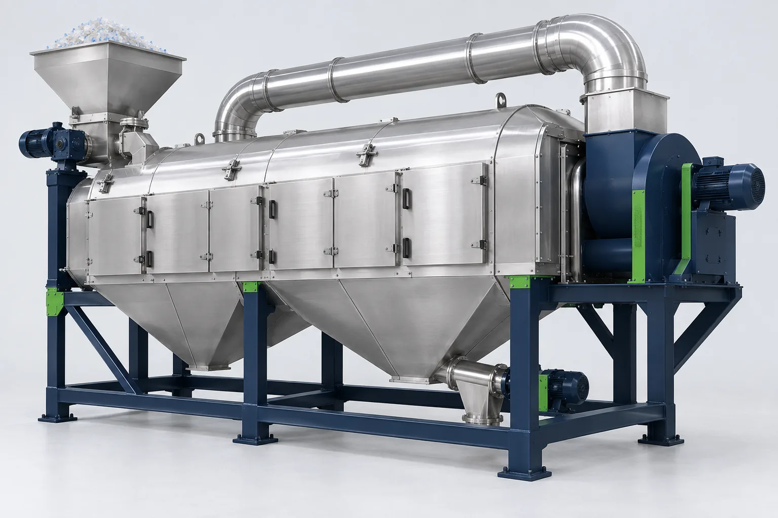 AI concept product render of a modular thermal drying system for recycled plastic; not a verified Rayli model.