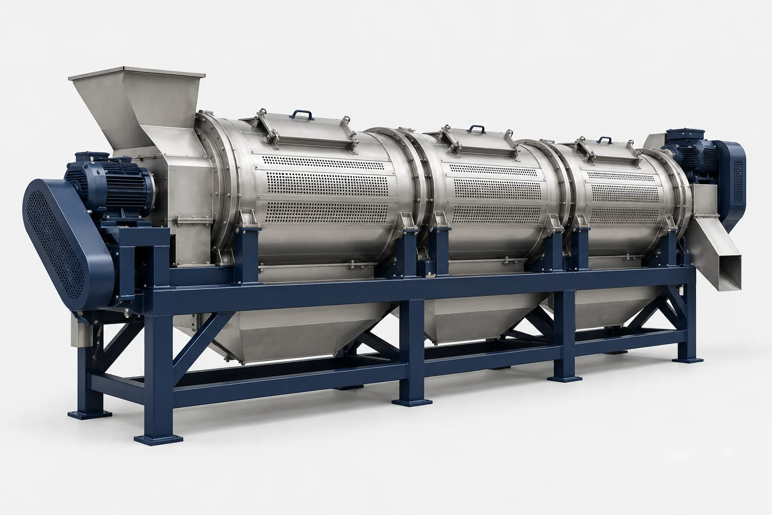 AI concept product render of a three-barrel friction washer for plastic recycling; not a verified Rayli model.