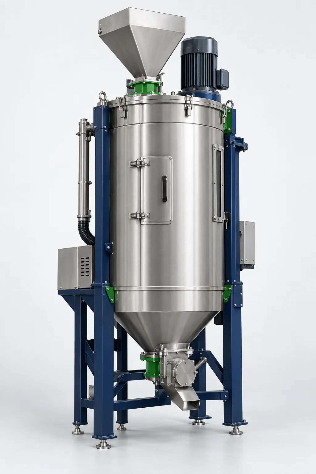 AI concept product render of a vertical plastic flakes dryer; not a verified Rayli model.