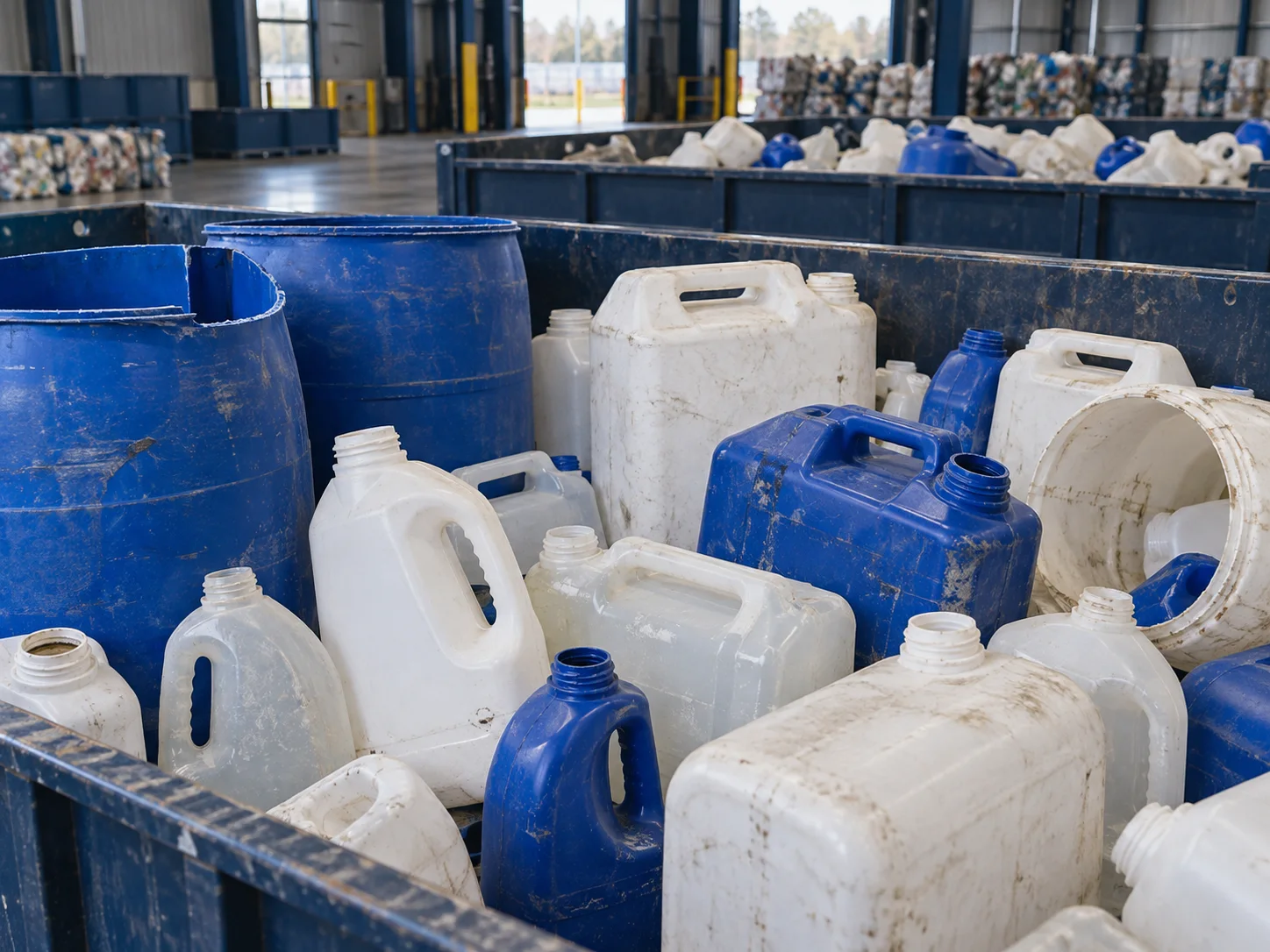 AI concept image of used white and blue HDPE bottles, jerry cans and drums sorted for recycling.