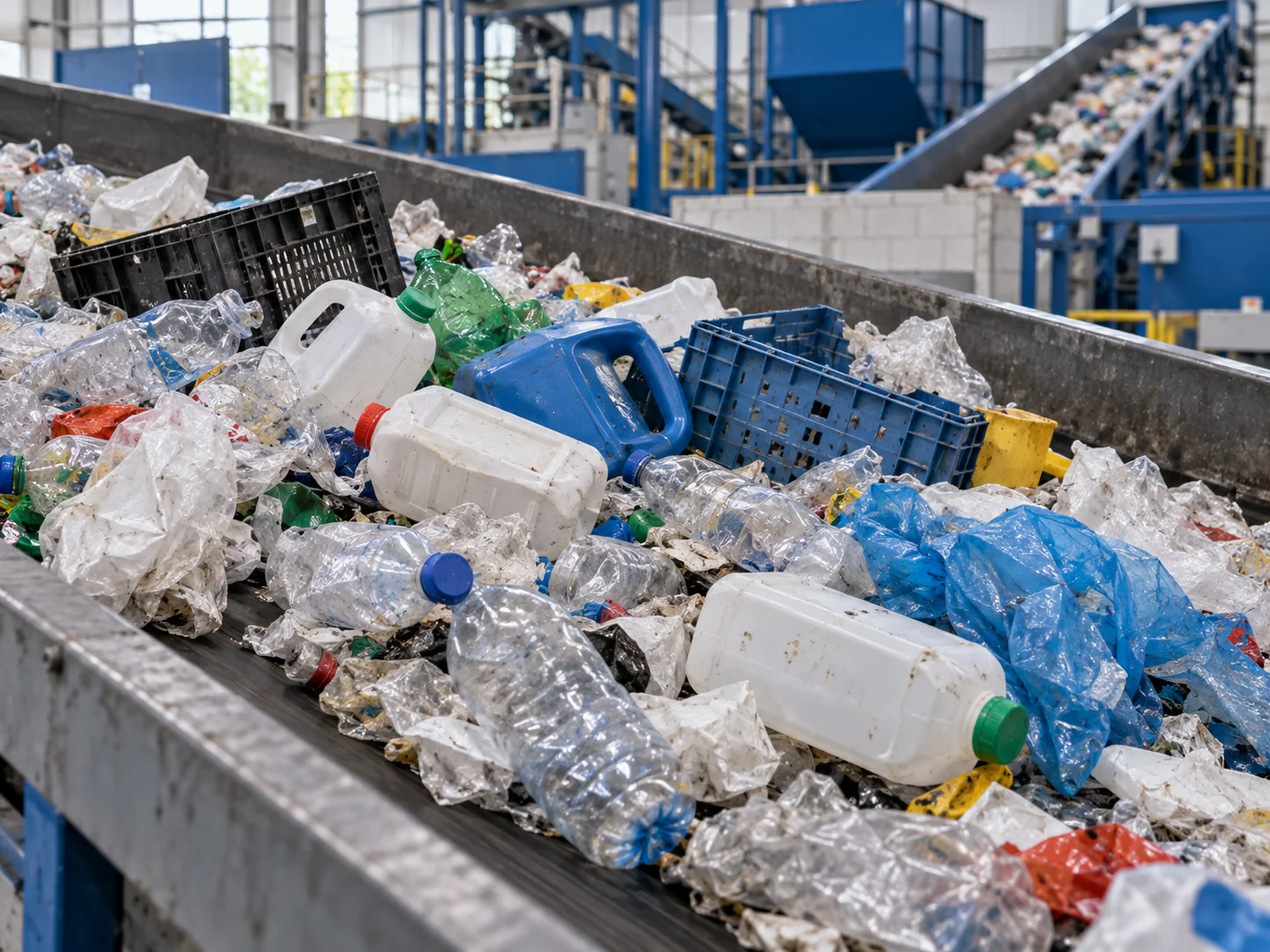 AI concept image of assorted used rigid plastic containers, crates and industrial parts for recycling.