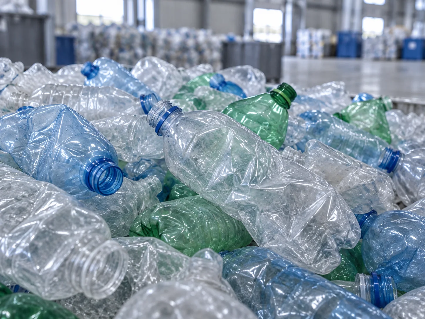 AI concept image of used clear, blue and green PET beverage bottles prepared for recycling.