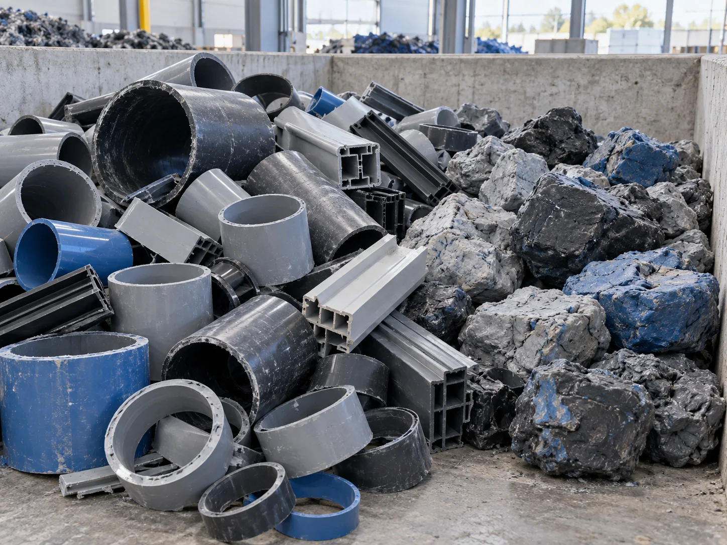 AI concept image of used plastic pipe and profile offcuts with irregular plastic purge lumps.