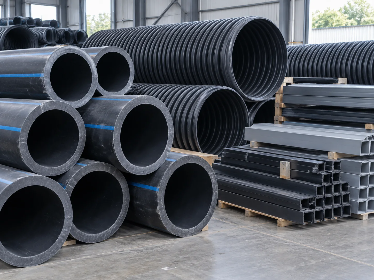 AI concept image of thick-wall plastic pipe sections and rigid profile cutoffs awaiting recycling.