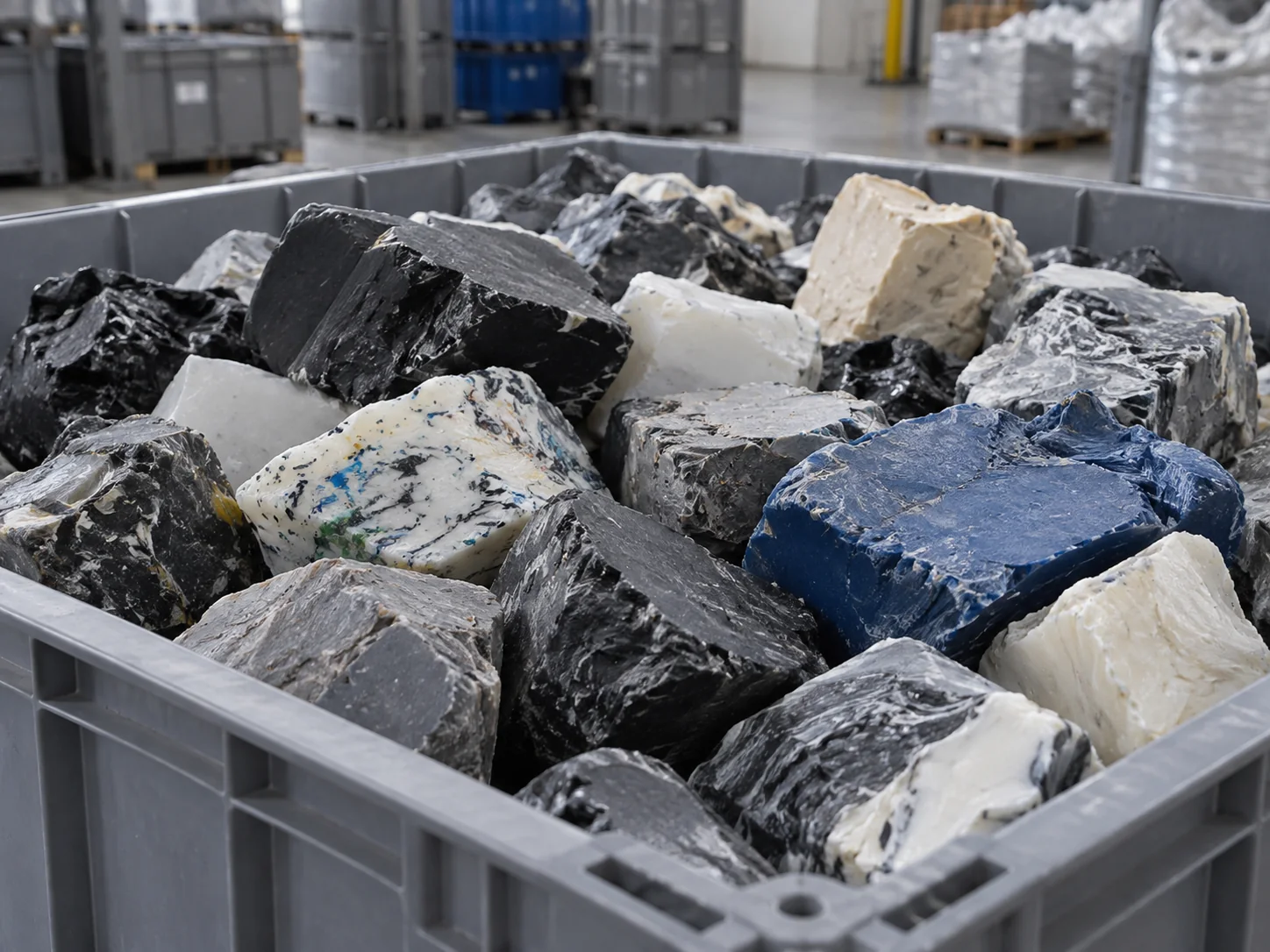 AI concept image of dense industrial plastic purge lumps and thick polymer chunks.