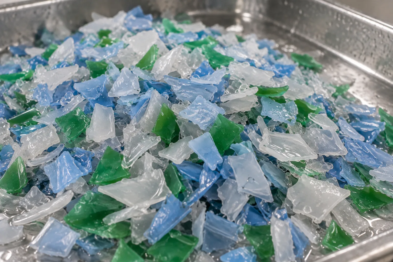 AI concept image of wet HDPE and PP rigid plastic flakes in a rinse tray.