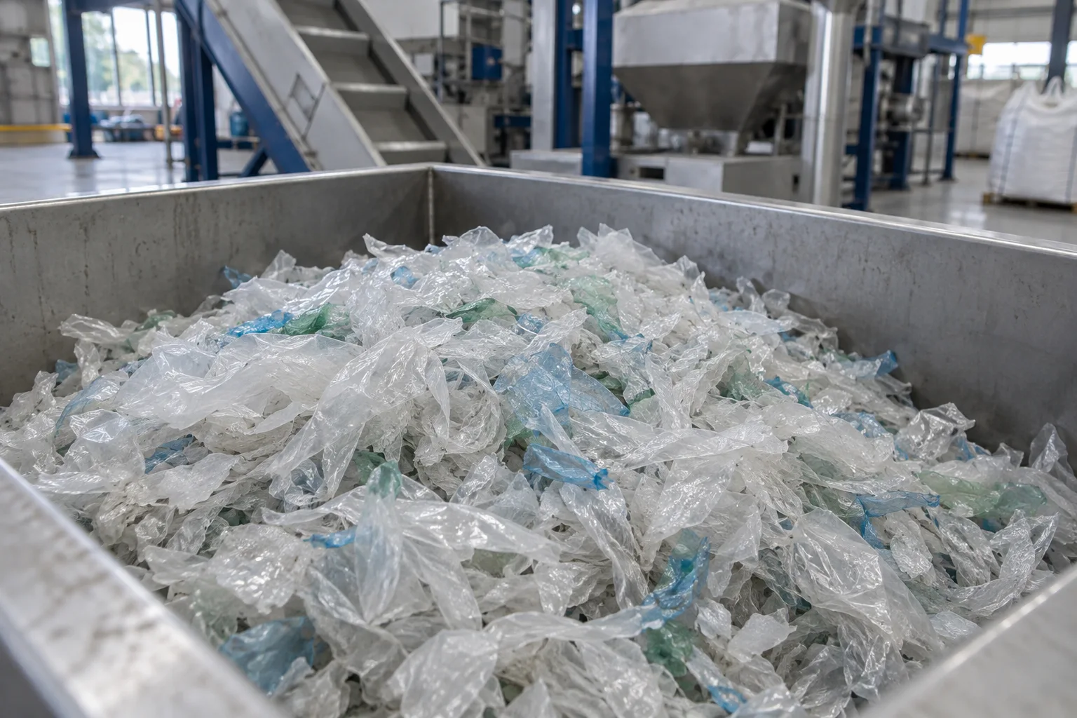 Washed and dried recycled film ready for downstream use, shown as an AI concept.