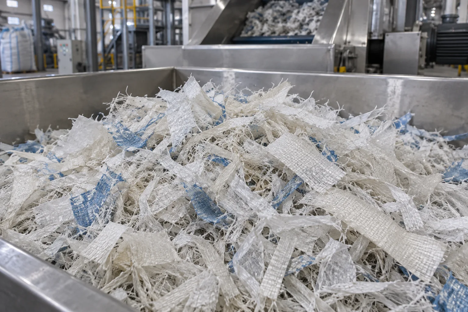 Clean recycled PP woven material after processing, shown as an AI concept.