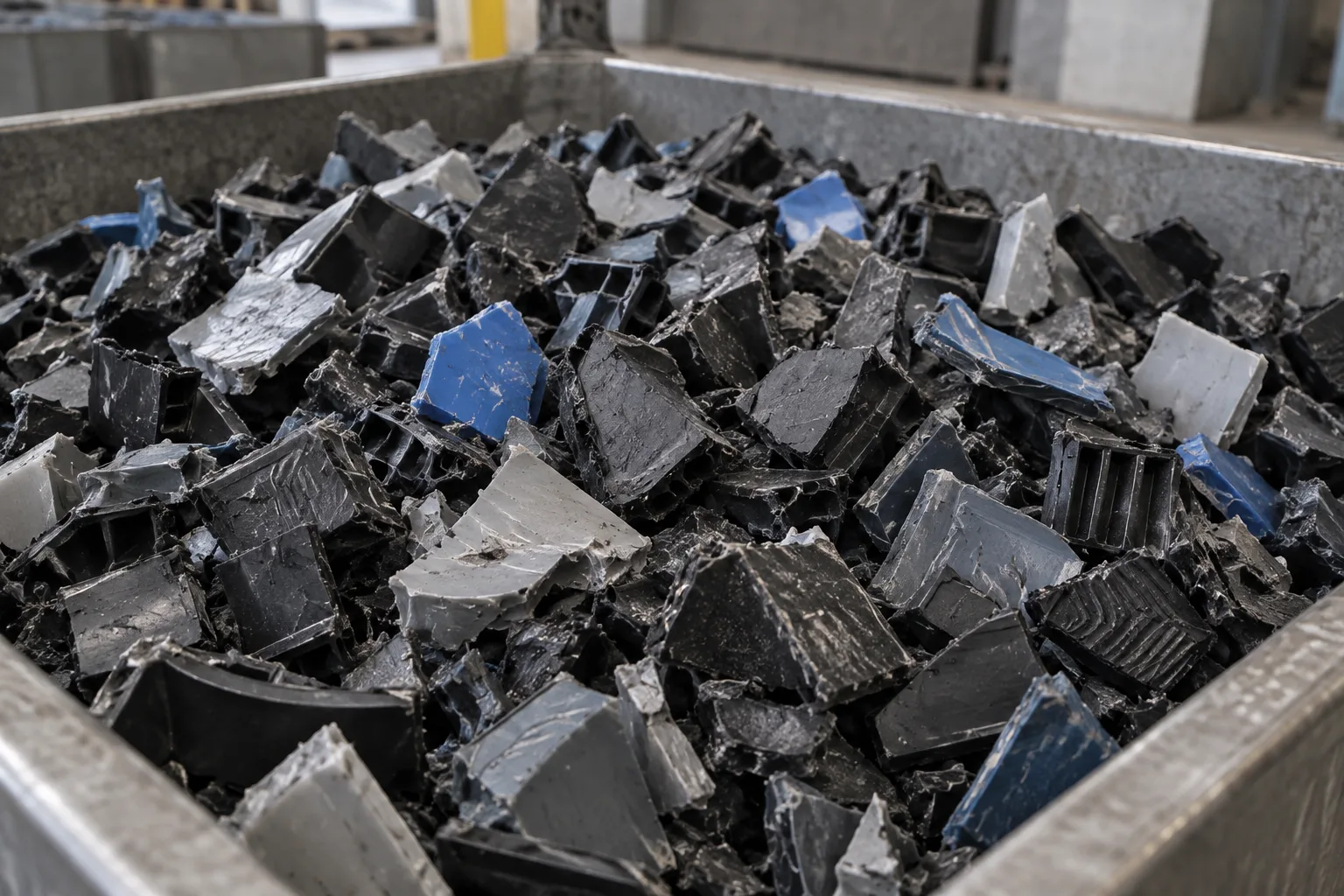 Coarse irregular plastic regrind after primary size reduction, not fine flakes or pellets