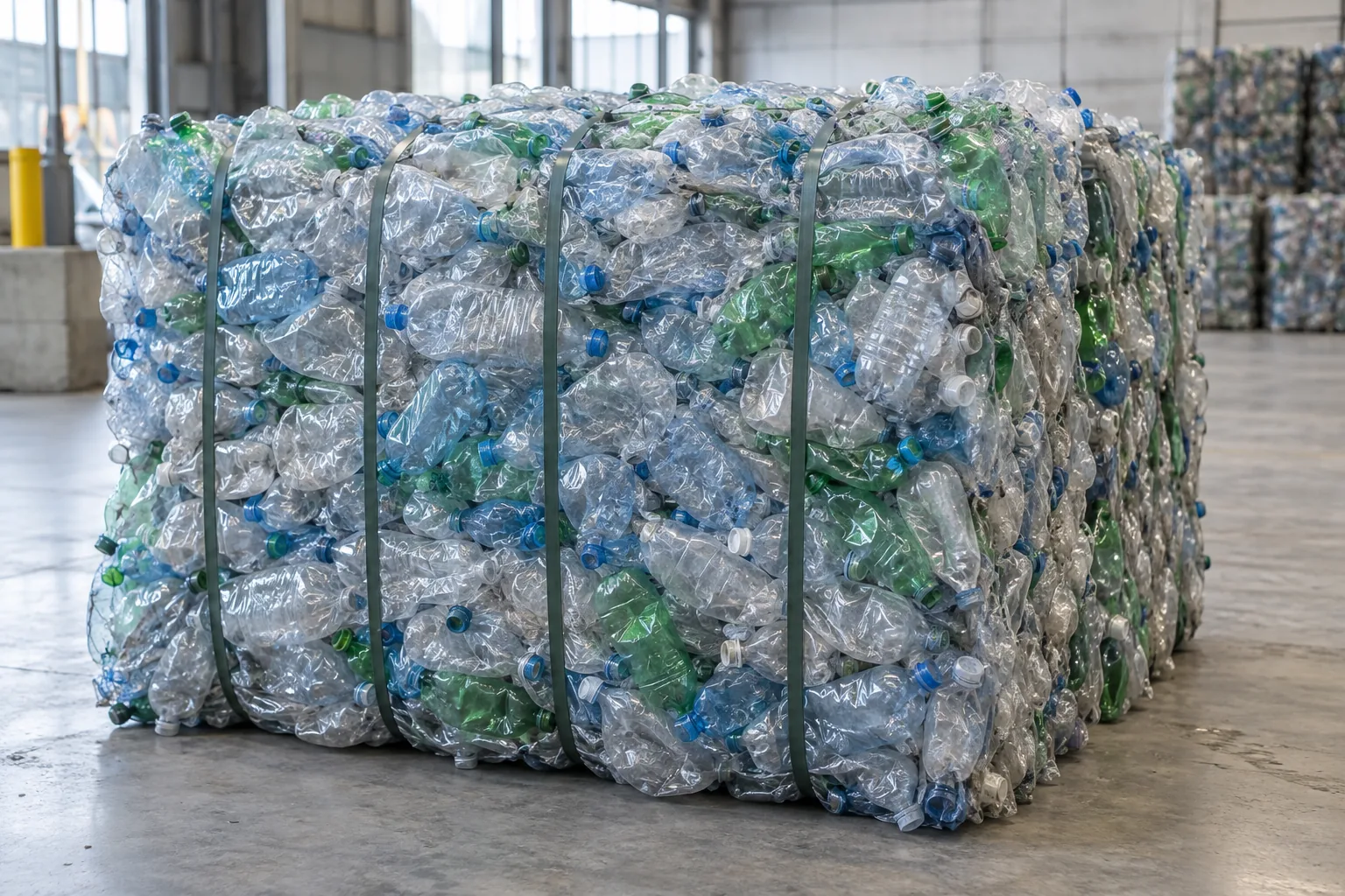 Compressed bale of post-consumer PET bottles secured for recycling transport